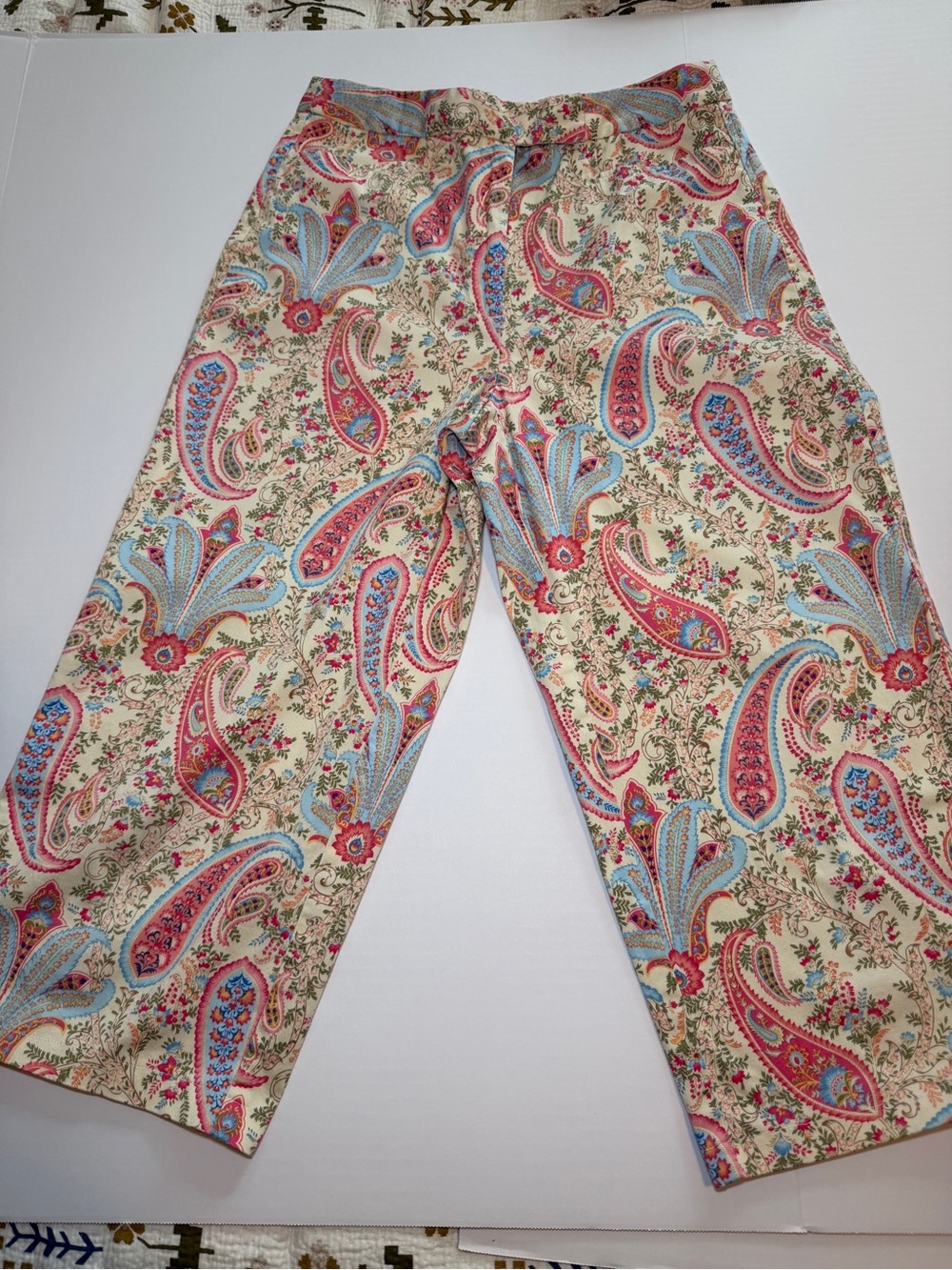 Talbots Cream Paisley Pull-On Pants with Pink and Blue Accents